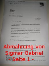 Seite 1 der Abmahnung von Sigmar Gabriel